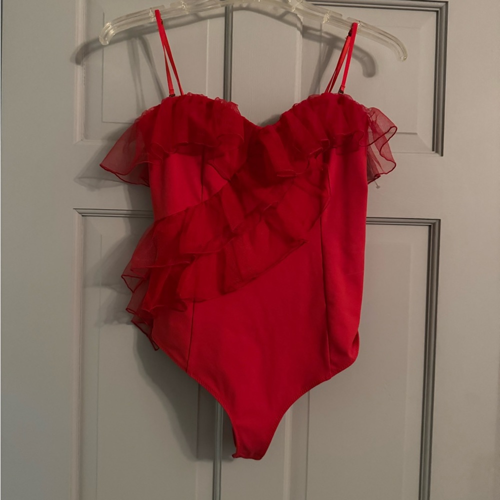 Free People Red Ruffled Bodysuit